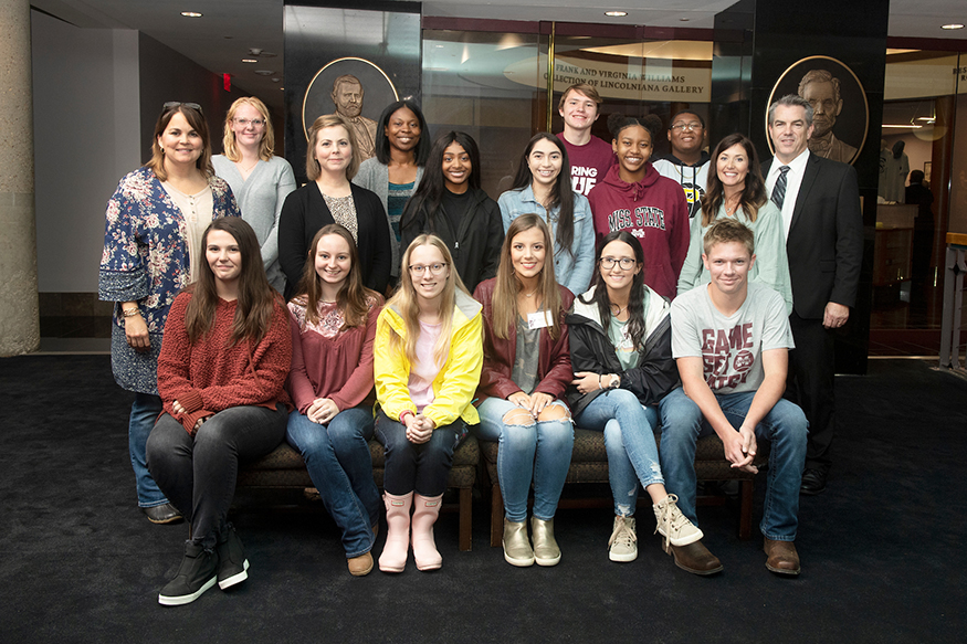 Students and librarians from Oak Hill Academy and Eupora, Pontotoc and Starkville high schools visit MSU's Mitchell Memorial Library.