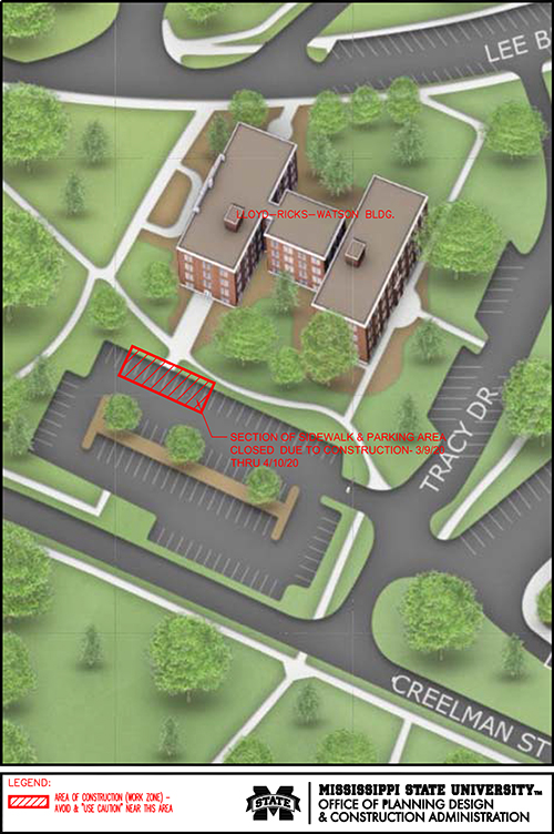 Map showing construction zones for sidewalk and parking area south of the Lloyd-Ricks-Watson Building