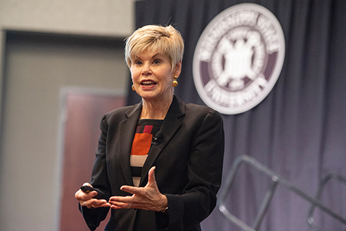Lorilee Sandmann gave an Oct. 9 keynote at MSU addressing the importance of community engagement in higher education and how engaged scholarship relates to the university’s three-pronged mission of learning, service and research. (Photo by Logan Kirkland)