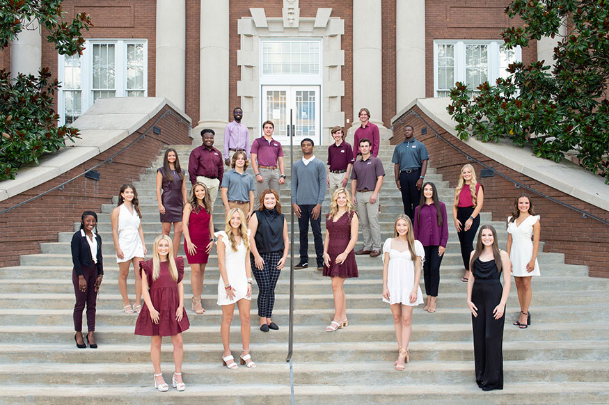 Luckyday Scholars Program participants at Mississippi State include (front, l-r) Makedra McCoy of Pearl; Molly Tannehill of Oxford; Josephine Smith of Ridgeland; Emily Rivers of Ellisville; Alice Ann Haab of Louisville; and Hallie Young of Brandon; (second, l-r) Madilyn Hemphill of Brandon; Rosemary Chow of Greenville; Josie Baird of Myrtle; Avery Jones of Collinsville; Sophia Singley of Columbus; and Hali Hollman of Brandon; (third, l-r) Avery James of Madison; Nathan Cooke of Byram; Sean Artigues of McComb; Aaron Lampley of Noxapater; Christopher Hussey of Tupelo; and Jeremy Tyler of Hollandale; (top, l-r) Jakobi Walton of Madison; August Jones of Bay Springs; Christopher Shaffer of Myrtle; and Luke Wiest of Hattiesburg. Not pictured are Ashantis Wigley of Belzoni and Kristofer Cook of Vicksburg.