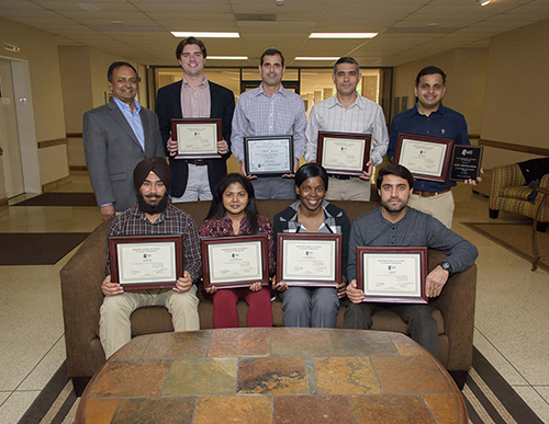 Mississippi State University winners at the Mississippi Academy of Sciences include (first row, l-r) Bhupinder Singh, Chathurika Wijewardana, Grace Adegoye and Naqeebullah; (second row, l-r) Raja Reddy, division chair; Hunt Walne; Salah Jumaa; Firas Alsajri and Nitin Dhowlaghar. (Photo by Kevin Hudson)