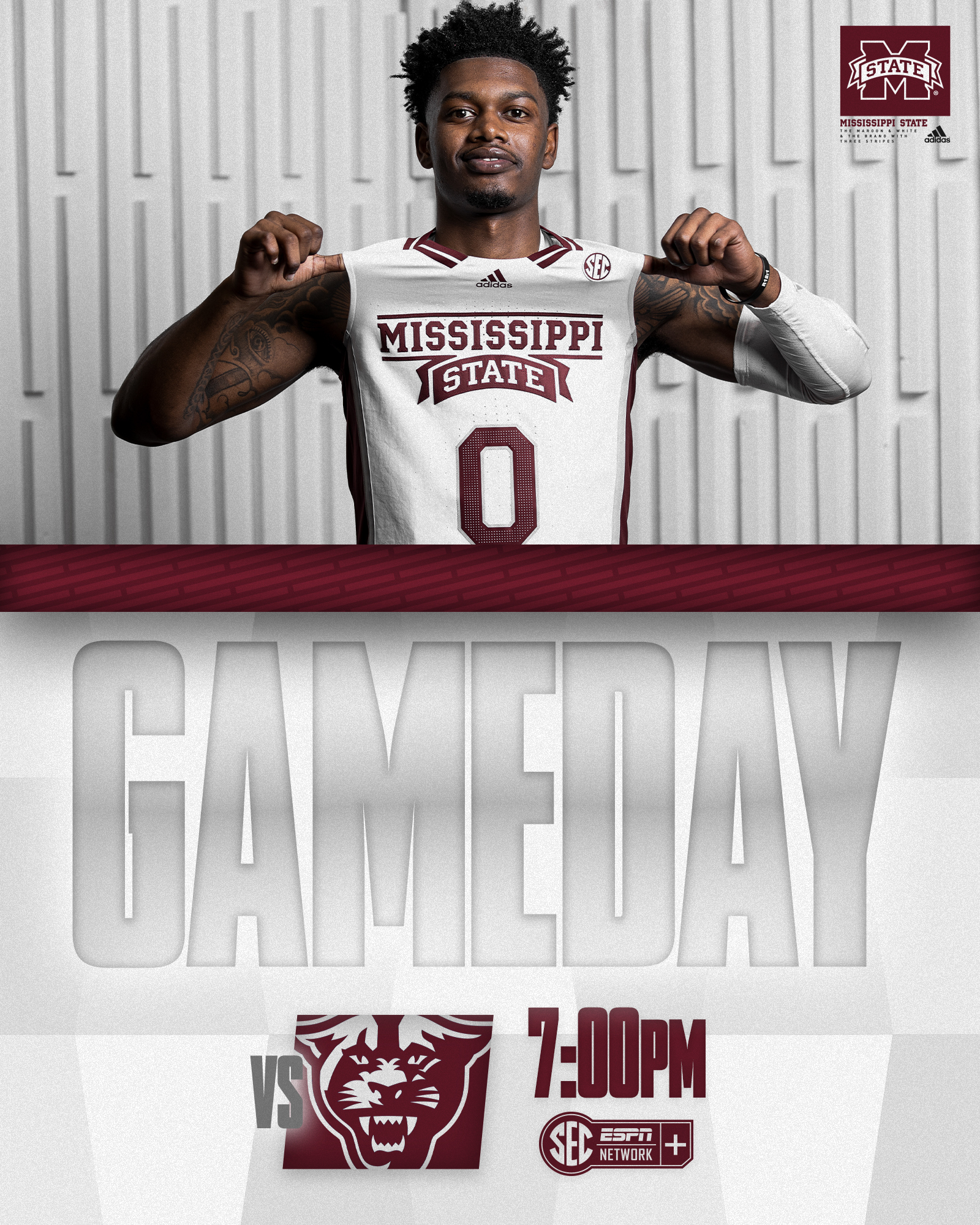 Maroon, white and gray game day graphic with image of MSU men's basketball player Rocket Watts holding us his No. 0 jersey