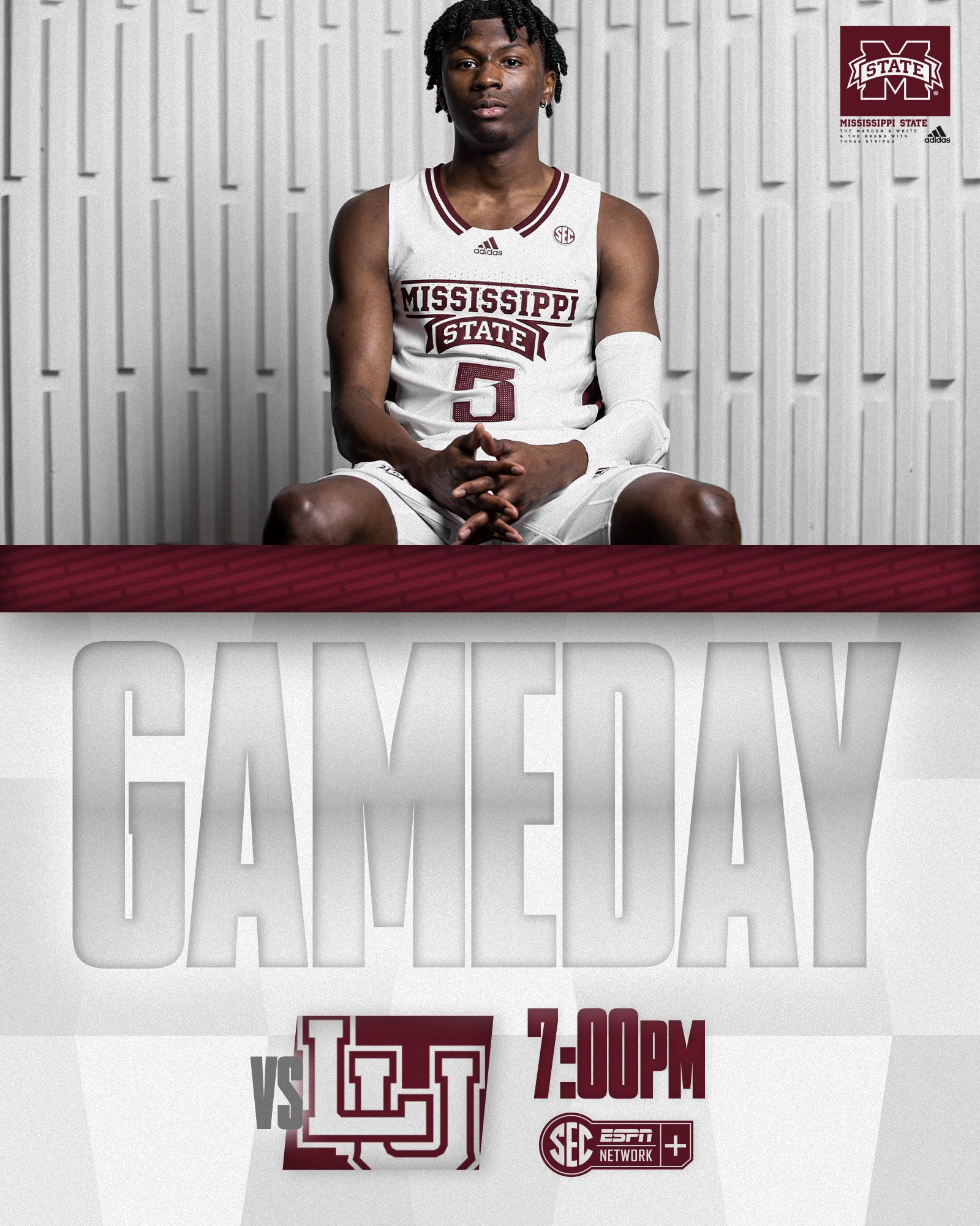 Maroon and white Next Home Game announcement graphic with image of MSU men's basketball player Cam Carter seated in front of a white wall