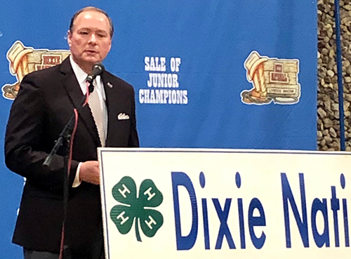 Mississippi State University President Mark E. Keenum addressed opening ceremonies of the 50th Annual Sale of Junior Champions at the Dixie National Livestock Show and Rodeo in Jackson. Keenum praised the event, saying: “The partnership between MSU and the Dixie National Livestock Show and Rodeo has long been meaningful to our university, as many 4-H and FFA members get their first significant exposure to MSU and our wonderful Extension Service through this means.”