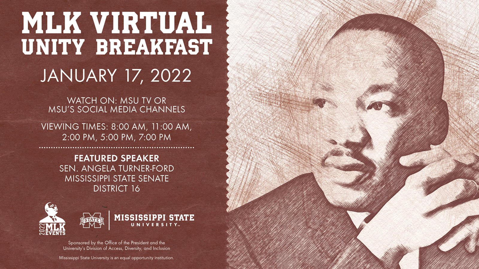 Maroon and white graphic with image of Martin Luther King Jr.