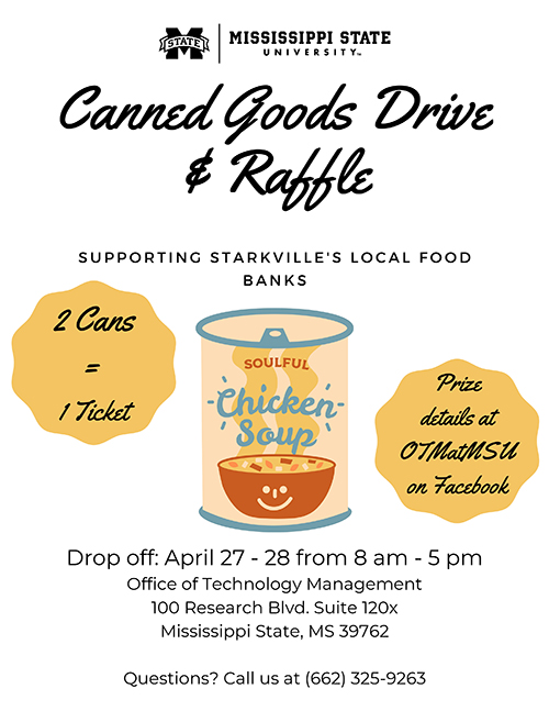 Image of a chicken soup can on an MSU Canned Goods Drive and Raffle flyer