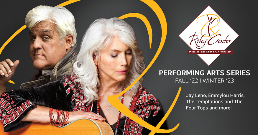 MSU Riley Center promotional graphic with Jay Leno and Emmylou Harris