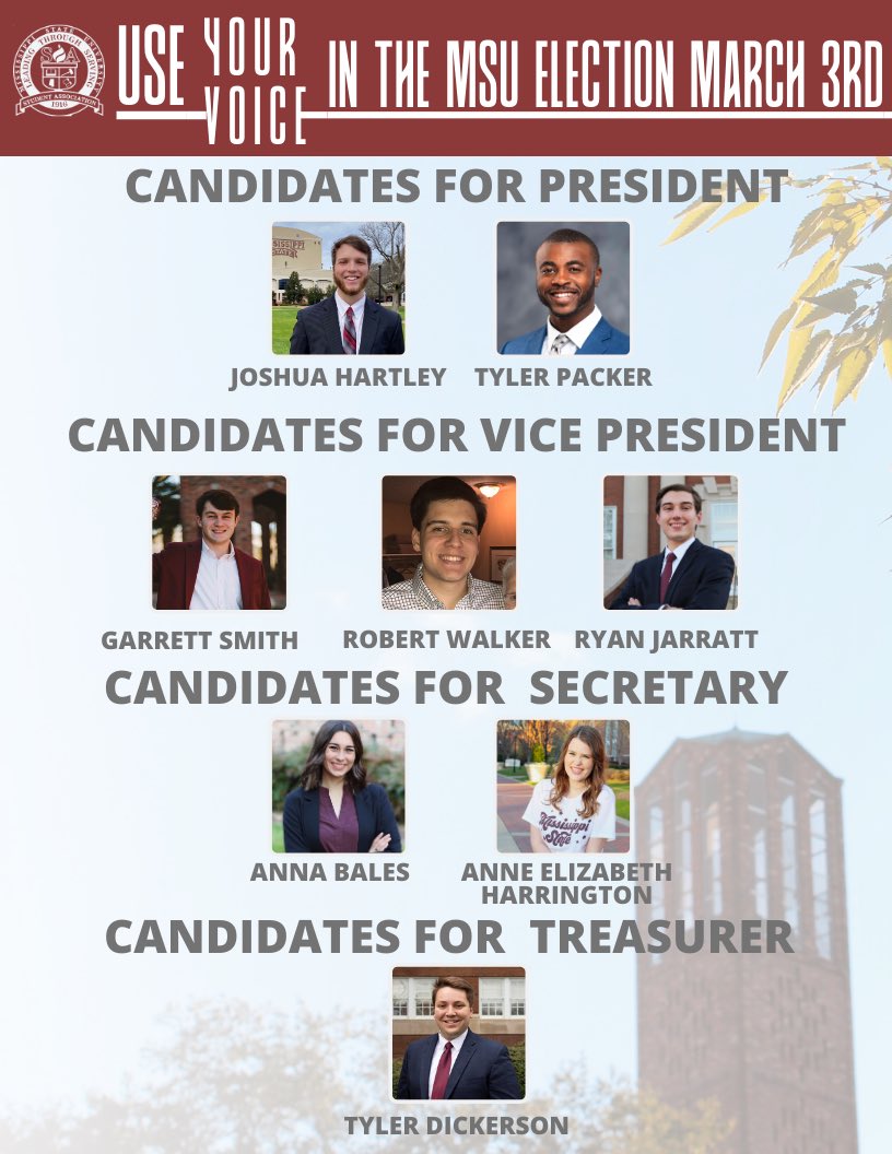 Promotional graphic of MSU Student Association election candidates