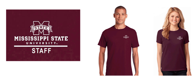 A man and woman are pictured wearing maroon shirts with the MSU Staff logo.
