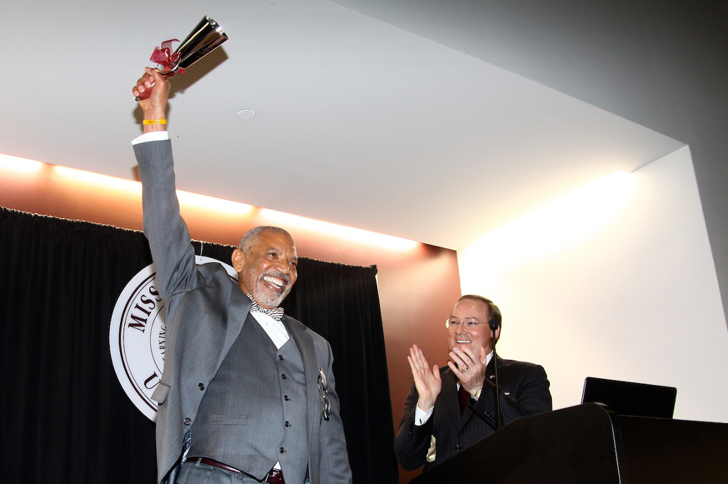 Mission Mississippi president Neddie Winters was presented an engraved MSU cowbell by MSU President Mark E. Keenum after Winters served as the keynote speaker at Mississippi State’s 22nd annual Martin Luther King Jr. Day Unity Breakfast at The Mill at MSU Conference Center.