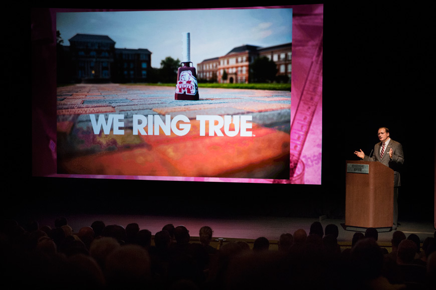 MSU President Mark E. Keenum speaks during a campus celebration Tuesday [Oct. 13] as the university launches a branding initiative to reinforce its standing as a premier research institution where students are driven to make a difference. Keenum challenged the campus community to take active roles in shaping the future of MSU by sharing their success stories with broader audiences. (Photo by Megan Bean)