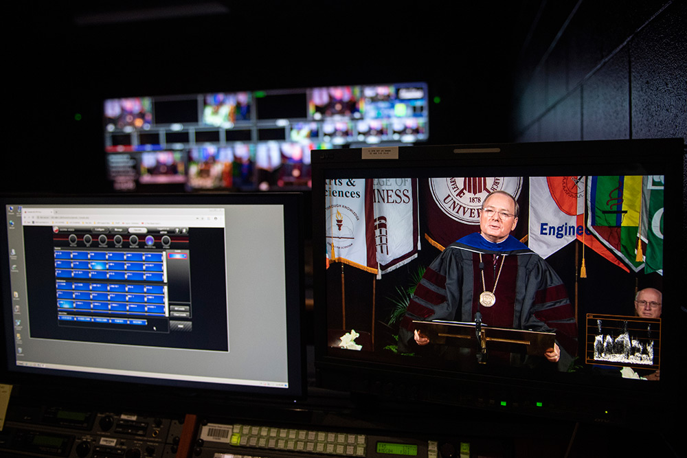 MSU President Mark Keenum is seen on a monitor at the University Television Center.