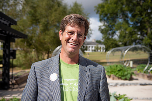 Cory Gallo pictured at a campus landscape architecture installation project