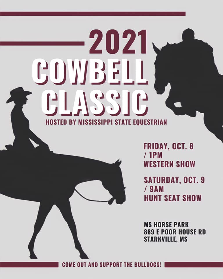 Maroon, white and gray graphic promoting the MSU Equestrian Team's 2021 Cowbell Classic