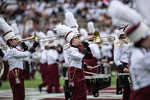 Members of MSU's Famous Maroon Band perform during a 2019 football game at Davis Wade Stadium.