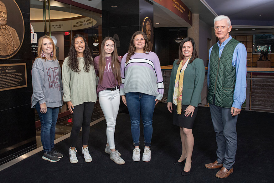 Pictured left to right: Houston High School Librarian Miriam Garner; HHS students Ivette Gonzalez, Kaylee Miller and Greta Tate; MSU Professor and Dean of Libraries Lis Pankl; and Executive Vice Provost and Dean of the Graduate School Peter Ryan. 