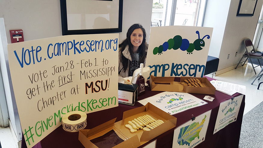 Madelyn Grace Slaten, an MSU freshman psychology major from Savannah, Tennessee, and a former Camp Kesem participant, encourages visitors at an information table in Colvard Student Union to vote for MSU during Camp Kesem’s recent “Chapter Expansion Campaign.” MSU will host a new chapter of Camp Kesem this fall with the first summer camp to be offered in 2020. (Photo submitted)