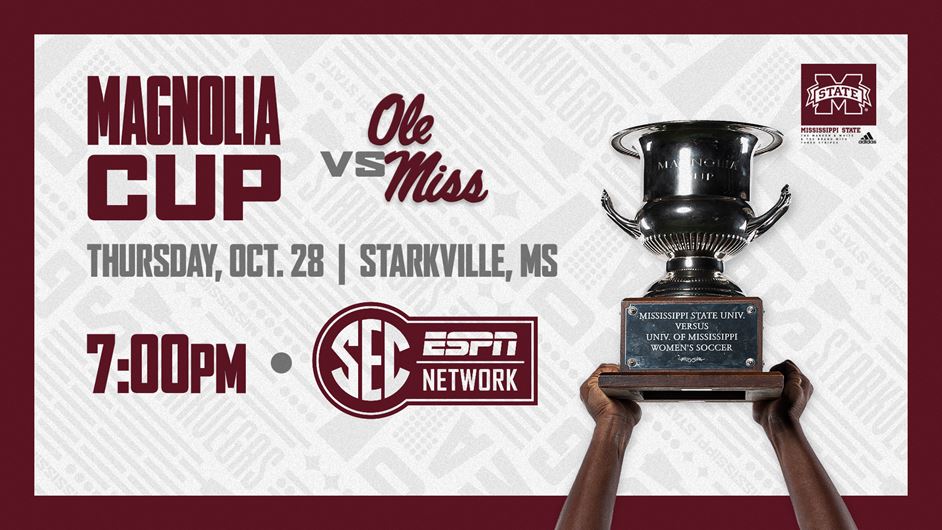 Maroon, white and gray graphic with image of a person hoisting the shiny Magnolia Cup trophy