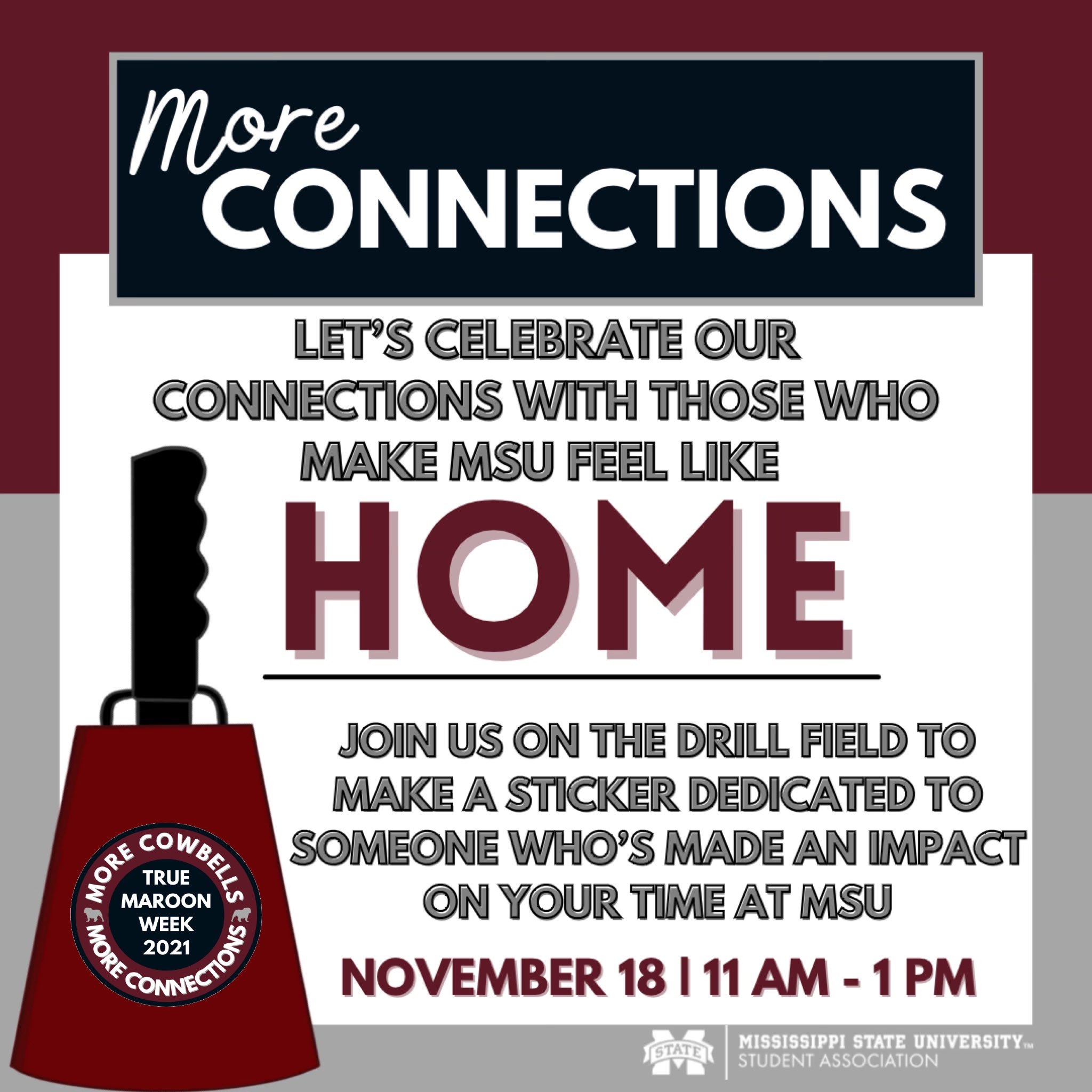Maroon, white and gray graphic with image of a maroon cowbell