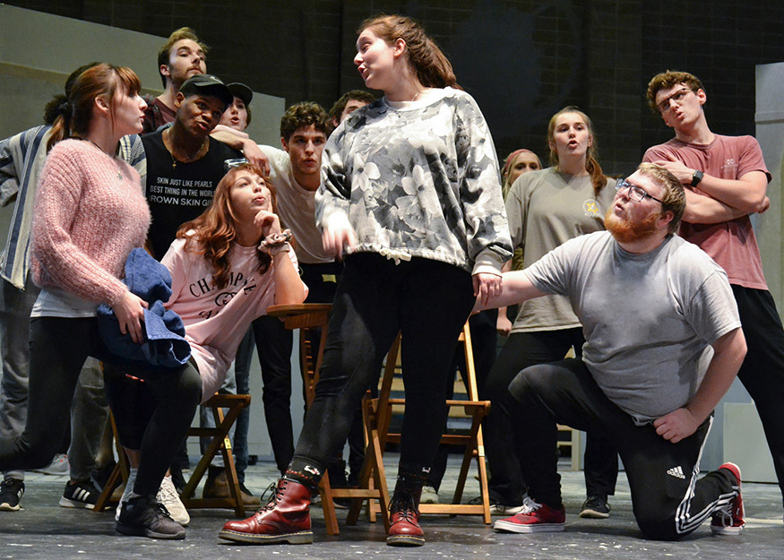 Student cast members from the upcoming Theatre MSU production “Mama Mia!” rehearse at the McComas Hall main stage.