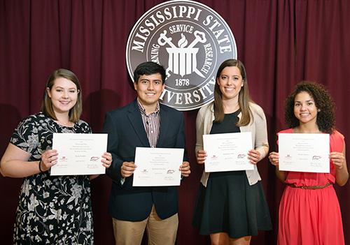 Mississippi State students recently received special awards for their participation in the university’s 2017-18 Maroon Edition essay contest. Winners include, from left to right, Reily Tribble of D’Iberville; Nathaniel Roesener of Decatur, Alabama; Madeline Crow of Kingsport, Tennessee; and Taelyr Harris of Hattiesburg. Not pictured are Haley Sandlin of Baldwyn and Hunter Scoggins of Pope. (Photo by Megan Bean)