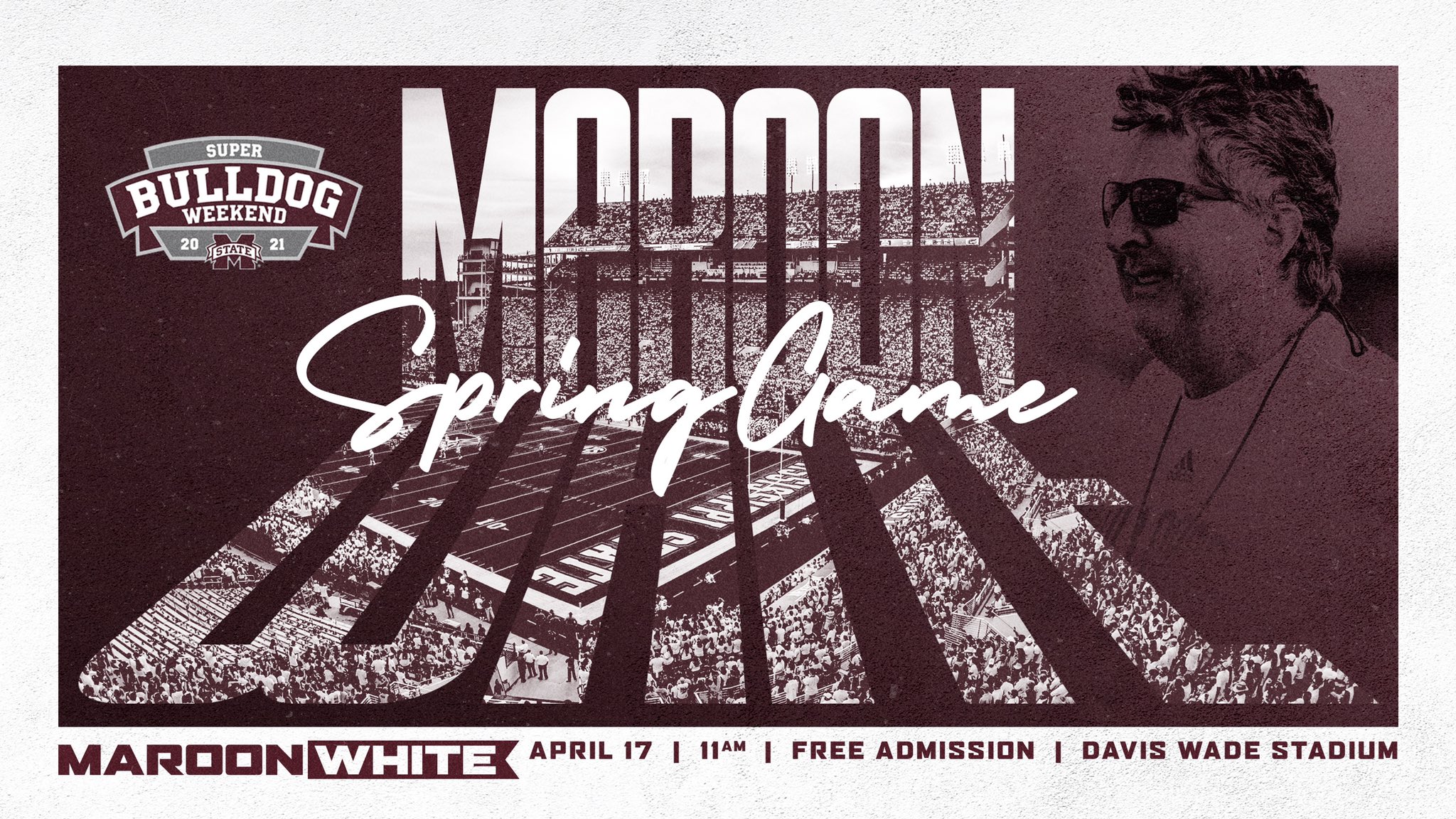 Maroon and White Spring Game graphic with images of Davis Wade Stadium, Coach Mike Leach and the Super Bulldog Weekend logo