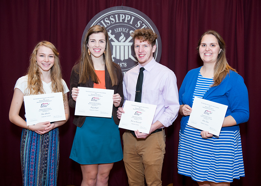 MSU’s 2015-16 Maroon Edition Essay Contest winners include (l-r) Emma D. Wheeler of Huntsville, Alabama; Emily K. Wright of Tupelo; Noah F. Van Hartesveldt of Grand Rapids, Michigan; and Anika H. Eidson of White House, Tennessee. Not pictured are Kallie N. Maddox of Southaven and Courtney S. Peagler of Brandon. (Photo by Russ Houston)