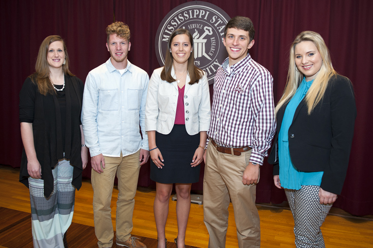 Mississippi State University’s 2016-17 Maroon Edition Essay Contest winners include (l-r) Windie Jenkins, Noah Van Hartesveldt, Madeline Crow, Ben Pace and Emily Tingle. Not pictured is Mary Catherine Beard. (Photo by Russ Houston)