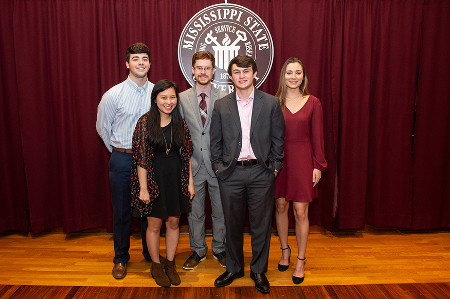 Mississippi State students recently received special awards for their participation in the university’s 2018-19 Maroon Edition essay contest. Winners include (front row, left to right) Natalene Vonkchalee of Ridgeland and Garrett Smith of Starkville; (back row, l-r) Nicholas Russell of Petal; Justin Williams of Meridian; and Madison Martindale of Walnut. Not pictured is Craig Schexnaydre of Covington, Louisiana. (Photo by Logan Kirkland)