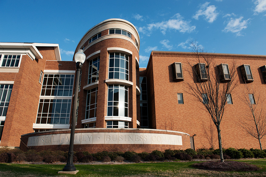 A picture of the outside of the McCool Hall atrium on a sunny winter day.