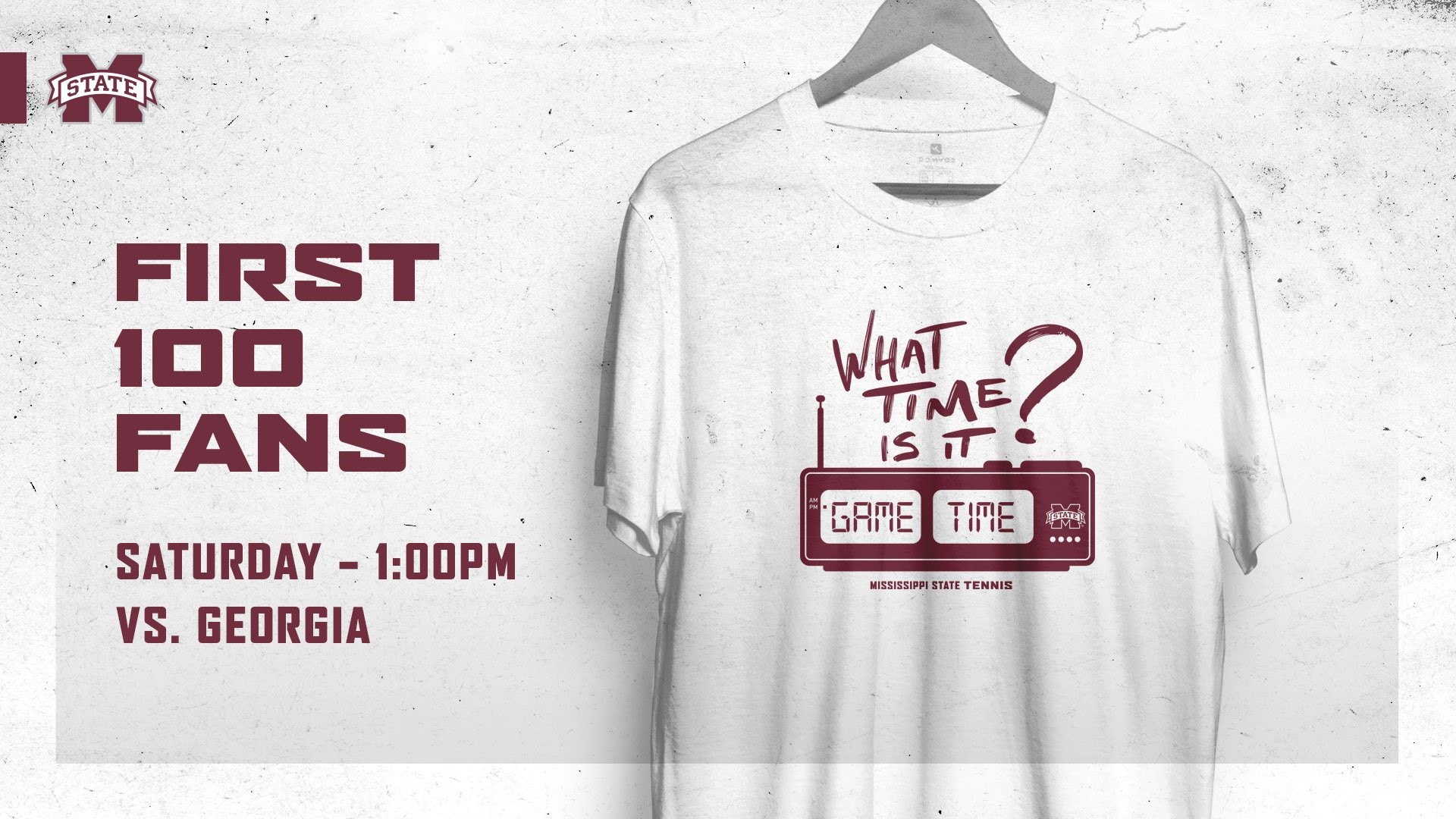 Promotional graphic for T-shirt giveaway at MSU men's tennis match
