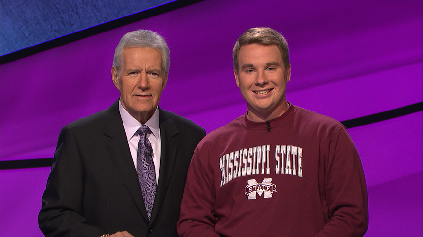 Jeopardy!® host Alex Trebek, left, stands with Mississippi State University junior computer science major Michael J. Sieja of Huntsville, Alabama. Sieja is among 15 students who will be competing next month for a $100,000 grand prize in the 2016 Jeopardy! ® College Championship. (Photo by Jeopardy!® Productions Inc.)