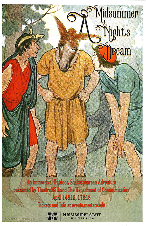 "A Midsummer Night's Dream" poster of three men, one with a donkey head