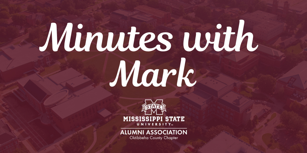 Maroon and white graphic promoting MSU Alumni Association's "Minutes with Mark" presentation
