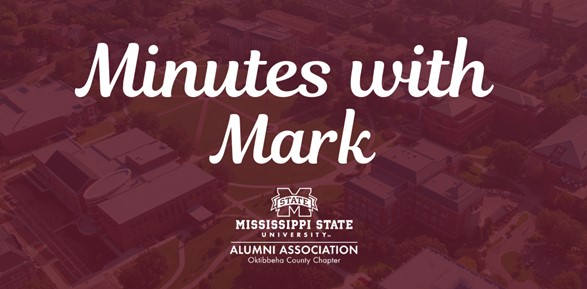 Maroon "Minutes with Mark" graphic with an bird's eye view of the MSU campus in the background