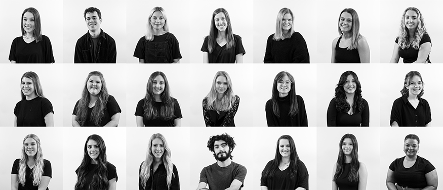 Three rows of black and white portraits of graduating MSU graphic design seniors