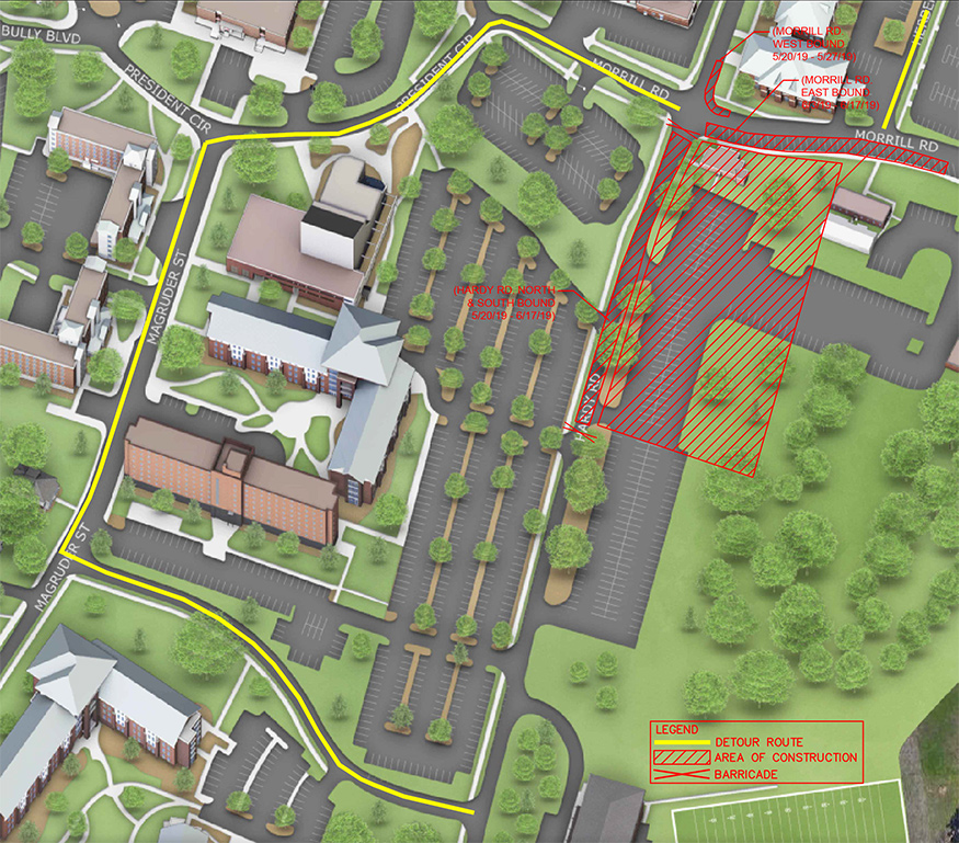 Due to new utility connections and road construction for the Richard A. Rula Engineering and Science Complex, there will be a partial road closure and temporary detour for Hardy and Morrill roads beginning Monday [May 20] and lasting through June 17, weather permitting.