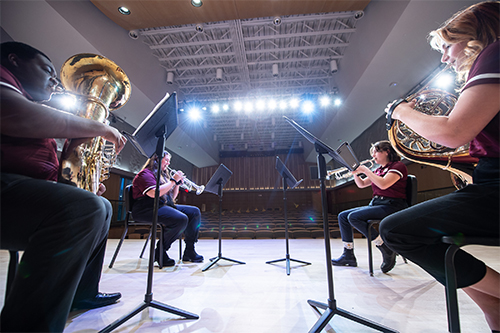 MSU’s Student Brass Quartet rehearses in the university’s Music Building. MSU now offers a Bachelor of Music in Performance degree with concentrations in guitar, instrumental, keyboard and vocal.