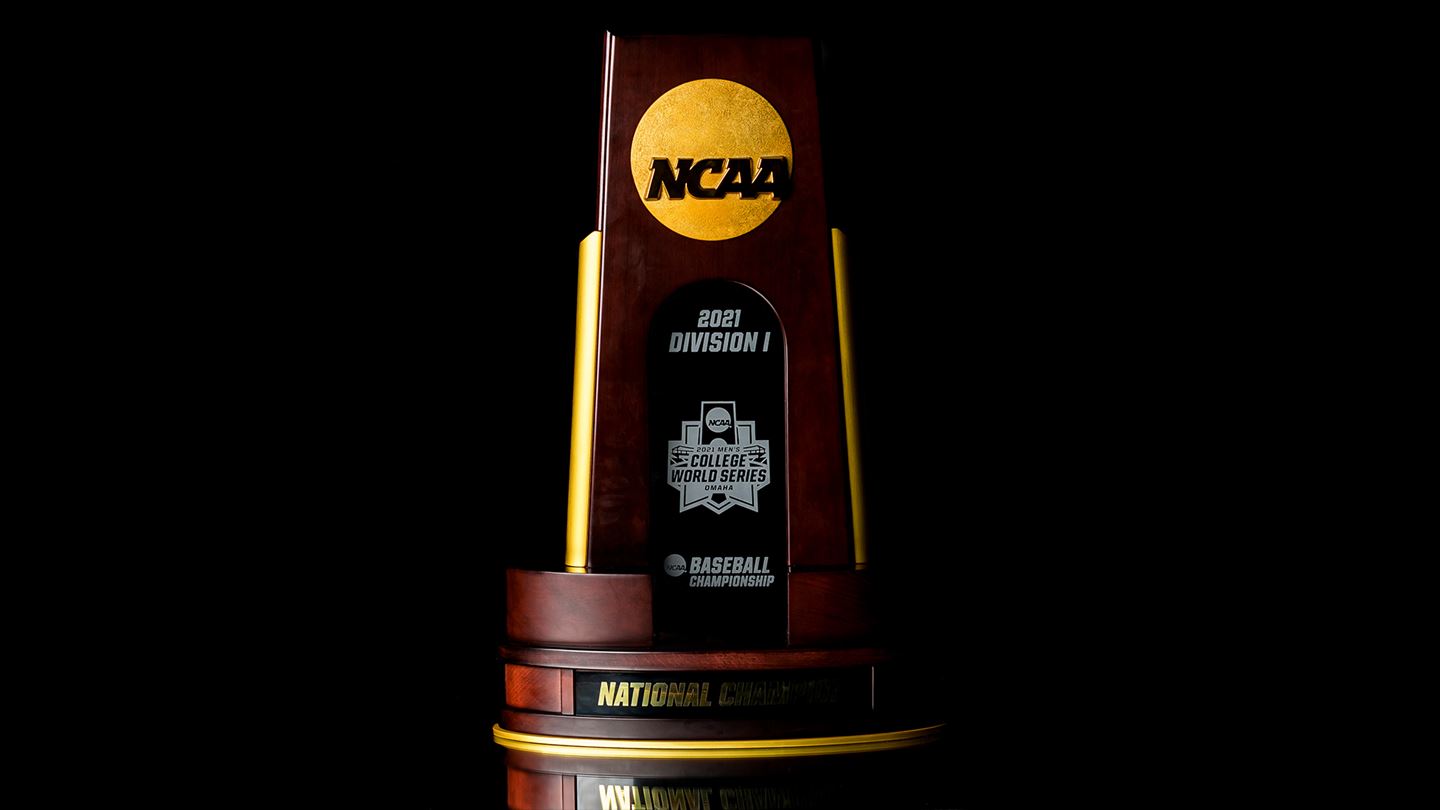 NCAA 2021 Division I Baseball National Championship trophy on a black background