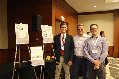 From left, team member Baron Necaise, Assistant Professor of Architecture Jacob A. Gines, and President and Owner of Saturn Materials LLC in Columbus Fred Dunand smile for a group photo during the National Concrete Masonry Association 2018 Midyear Meeting in Chicago. “This year marks the 100th anniversary of NCMA and the first year that the MSU School of Architecture has been involved in the Unit Design Competition,” Gines said. “It’s really special for all of us to be involved with that longevity and history.”