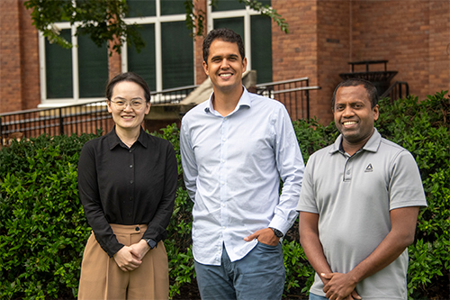 From left to right, Xin Zhang, Vitor S. Martins and Nuwan Wijewardane, MAFES scientists and assistant professors in Mississippi State’s Department of Agricultural and Biological Engineering, are building high-tech tools to maintain soil health through a grant from the National Institute of Food and Agriculture.