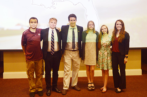 2017-18 Officers of the East Mississippi NWA and AMS chapter at Mississippi State include, left to right, Craig Shells of Sylacauga, Alabama, co-symposium chair; Alex Forbes of Johns Creek, Georgia, co-symposium chair; Alex Herbst of North Brunswick, New Jersey, president; Lauren Pounds of Mandeville, Louisiana, secretary; Mandy Raborn of Diamondhead, treasurer; and Caroline MacDonald of Murfreesboro, Tennessee, vice president. (Photo submitted)