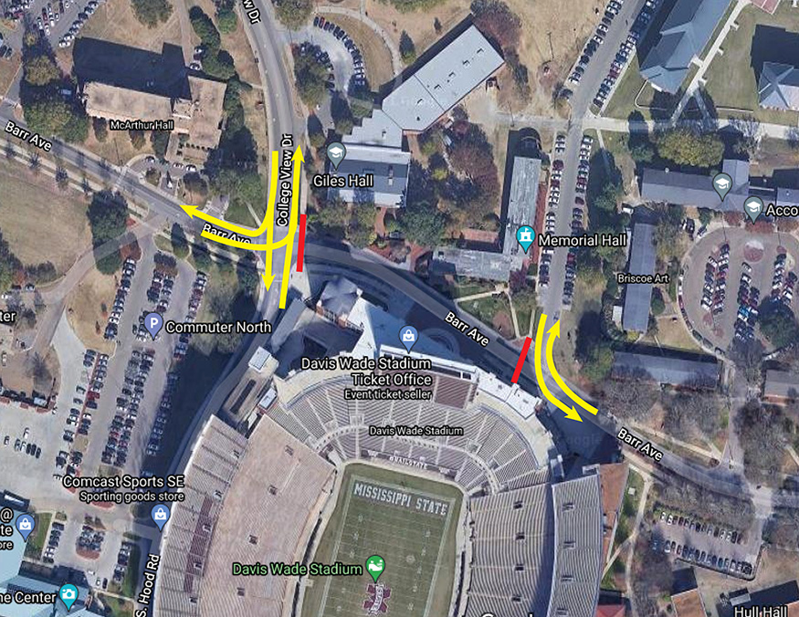 Overview head via of Davis Wade Stadium and Barr Avenue