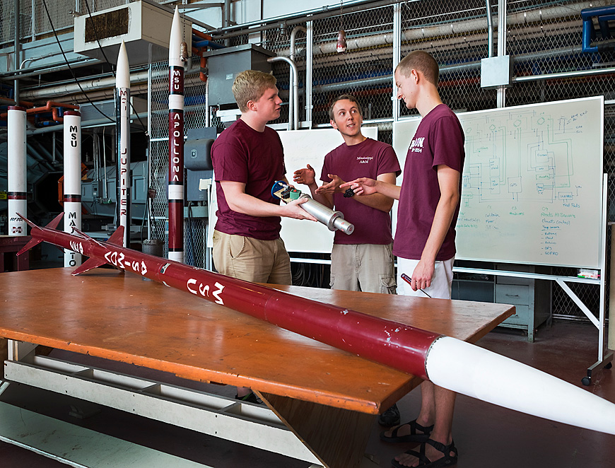 Following a victory in the Intercollegiate Rocket Engineering Competition this summer, Mississippi State University’s rocketry team, the Space Cowboys, is trying to build a rocket that will break the world speed record for amateur rockets. Pictured (from left) are team members Peter Wetzel, Jacob Stephens and Eric Stallcup. (Photo by Russ Houston)