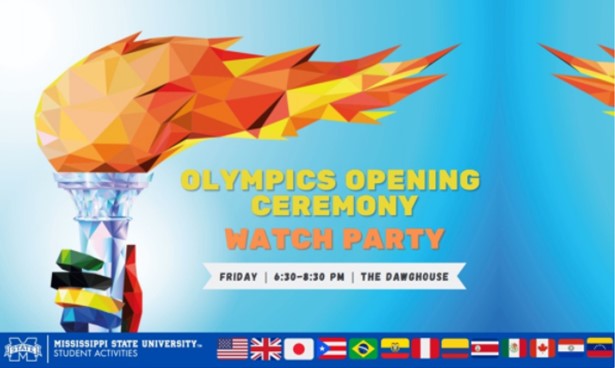 Olympics Opening Ceremony Watch Party graphic with image of Olympic flame torch and flags of multiple countries