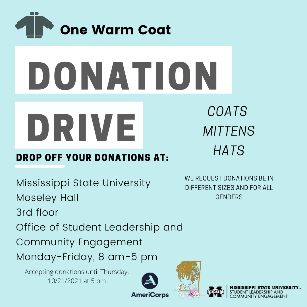 Aqua graphic announcing details for the One Warm Coat Donation Drive