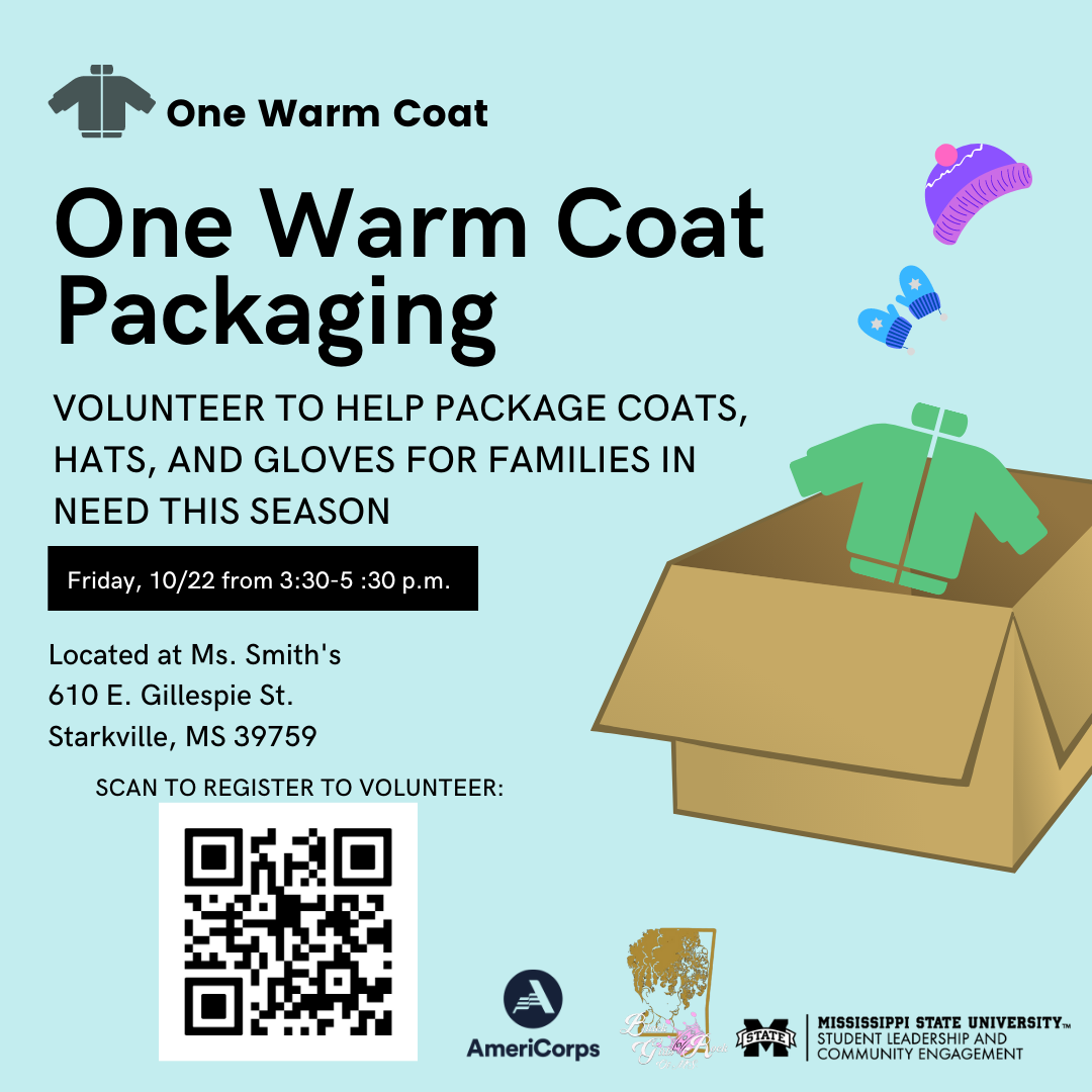 Aqua graphic with images of a green coat, blue gloves and purple winter hat floating above a cardboard box