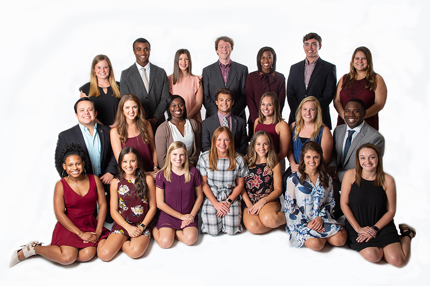 Mississippi State University’s 2018-19 Orientation Leaders include (front row, left to right) Erin Snelling of Little Rock, Arkansas; Kristin Moore of Byhalia; Avery Ray of Madison; Mallory Cooper of Star; Kate Carter of Canton; Laken Winstead of Philadelphia; Allie Zaring of Cartersville, Georgia; (middle row, l-r) Juan Benavides of Greenville; Micah Brooke Woods of Duck Hill; Ana Ivy of Verona; Nathan Risley of Ocean Springs; Kenley McMullan of Louisville; Jane Richard of Smyrna, Georgia; Denver Haralson of Madison; (back row, l-r) Onsby Vinson of Brandon; Tyler Packer of State Line; Hollie Nicholson of Tupelo; Harrison Armour of Tuscaloosa, Alabama; Amber Young of Madison; Jackson Robbins of Dickson, Tennessee; and Kenedee Cummings of Germantown, Tennessee. (Photo by Logan Kirkland)