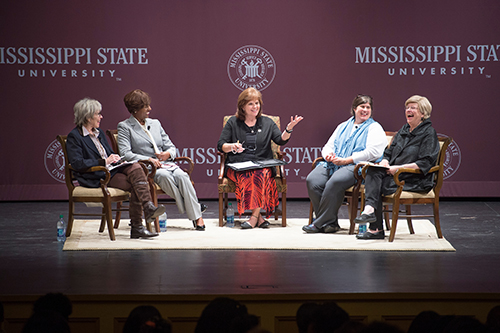 Prominent women leaders took the stage Wednesday night [Nov. 1] at Mississippi State to reflect on their successful career paths and the challenges they have overcome. From left to right, they include Starkville Mayor Lynn Spruill; Camille Scales Young, principal and director of Cornerstone Government Affairs in Jackson; Susan Seal, executive director of MSU’s Center for Distance Education, serving as moderator; Rev. Allison Stacey Parvin, ordained elder in the United Methodist Church and pastor of Beth-Eden Lutheran Church in Louisville; and MSU Provost and Executive Vice President Judy Bonner. (Photo by Megan Bean)