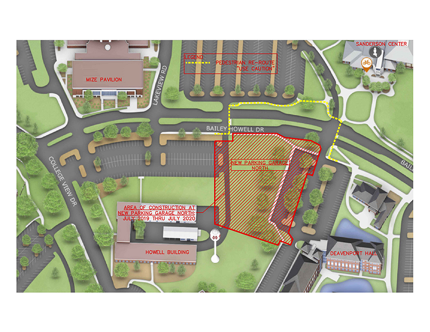 Map showing construction and traffic re-routing for new parking garage on north side of campus